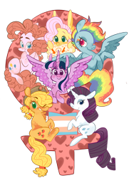 Size: 1280x1768 | Tagged: safe, artist:pizzakladd, derpibooru import, applejack, fluttershy, pinkie pie, rainbow dash, rarity, twilight sparkle, twilight sparkle (alicorn), alicorn, earth pony, pegasus, pony, unicorn, heart eyes, mane six, wingding eyes