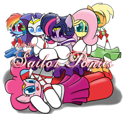 Size: 800x735 | Tagged: safe, artist:sailormod, derpibooru import, applejack, fluttershy, pinkie pie, rainbow dash, rarity, twilight sparkle, earth pony, pegasus, pony, unicorn, mane six, sailor kindness, sailor laughter, sailor loyalty, sailor magic, sailor moon, sailor ponies, simple background, transparent background