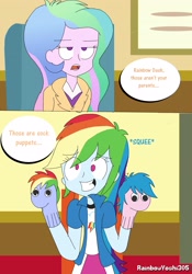 Size: 2425x3464 | Tagged: safe, artist:rainbowyoshi305, derpibooru import, firefly, princess celestia, principal celestia, rainbow blaze, rainbow dash, equestria girls, celestia is not amused, celestia's office, comic, sock puppet, squee, unamused