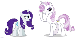 Size: 4000x2000 | Tagged: safe, artist:larsurus, part of a series, part of a set, fleur-de-lis, rarity, pony, unicorn, annoyed, duo, duo female, female, mane swap, mare, raised hoof, simple background, transparent background, vector