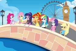 Size: 1080x720 | Tagged: safe, artist:eninejcompany, derpibooru import, applejack, fluttershy, pinkie pie, rainbow dash, rarity, sunset shimmer, twilight sparkle, equestria girls, big ben, bridge, elizabeth tower, equestria girls around the world, humane five, humane six, lamppost, london, london eye, mane six, westminster