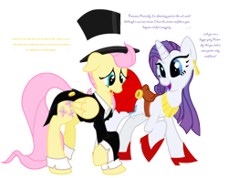 Size: 1546x1205 | Tagged: safe, artist:nun2artzy, fluttershy, rarity, pegasus, pony, unicorn, clothes, crossdressing, cuffs (clothes), female, flarity, hat, high heels, lesbian, mare, saddle, shipping, shoes, simple background, suit, top hat, transparent background