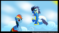 Size: 900x506 | Tagged: safe, artist:megasupertacoman-yt, rainbow dash, soarin', pegasus, pony, cloud, cloudy, female, male, shipping, soarindash, straight, wonderbolts uniform