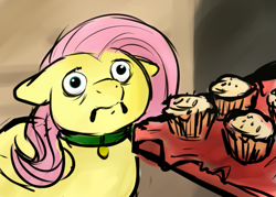 Size: 711x509 | Tagged: safe, artist:php27, fluttershy, pegasus, pony, collar, cupcake dog, fattershy, floppy ears, food, implied futa, implied ptsd, muffin, pet tag, ponified animal photo, solo