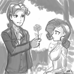 Size: 850x850 | Tagged: safe, artist:johnjoseco, elusive, rarity, human, bench, female, flower, grayscale, humanized, male, monochrome, rarilusive, rose, rule 63, self ponidox, selfcest, shipping, straight