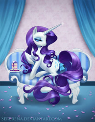 Size: 768x990 | Tagged: safe, artist:sererena, rarity, pony, unicorn, bow, cake, female, long horn, mare, raised hoof, sitting, sofa, solo, tail bow