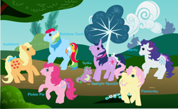 Size: 1024x628 | Tagged: safe, artist:kaylathehedgehog, derpibooru import, applejack (g1), fluttershy, pinkie pie, rainbow dash, rarity, twilight sparkle, earth pony, pegasus, pony, unicorn, g1, mane six