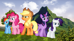 Size: 1920x1080 | Tagged: safe, artist:breevsto, artist:ryuuichi-shasame, derpibooru import, applejack, pinkie pie, rainbow dash, rarity, twilight sparkle, twilight sparkle (alicorn), alicorn, pony, irl, looking at you, mountain, photo, ponies in real life, shadow, tree, valley, vector