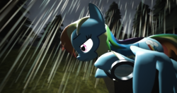 Size: 4096x2160 | Tagged: safe, artist:jaygaming1, derpibooru import, rainbow dash, pegasus, pony, 3d, absurd resolution, clothes, goggles, poster, rain, sad, solo, source filmmaker, tree, uniform, wonderbolt trainee uniform