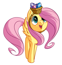 Size: 547x577 | Tagged: safe, artist:reuniclus, fluttershy, pegasus, pony, basket, basket hat, cute, easter, egg, female, hat, mare, shyabetes, simple background, solo, spread wings, white background, wings