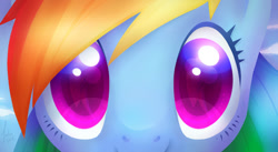 Size: 900x493 | Tagged: safe, artist:nekiw, part of a set, rainbow dash, pegasus, pony, close-up, colored pupils, cutie mark, eyes, looking at you, smiling, solo