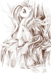 Size: 800x1166 | Tagged: safe, artist:soukitsubasa, fluttershy, pegasus, pony, female, mare, monochrome, sitting, solo