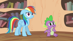 Size: 1920x1090 | Tagged: safe, derpibooru import, screencap, rainbow dash, spike, dragon, pegasus, pony, it's about time, golden oaks library, reaction image