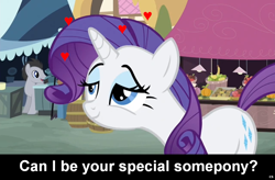 Size: 1024x672 | Tagged: safe, rarity, earth pony, pony, unicorn, bedroom eyes, bronybait, caption, cs captions, female, heart, implied, love, male, mare, solo focus, special somepony, stallion, text