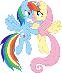 Size: 1250x1483 | Tagged: safe, artist:storfulsten, derpibooru import, fluttershy, rainbow dash, pegasus, pony, female, flutterdash, flying, grin, lesbian, looking at each other, shipping, simple background, smiling, transparent background