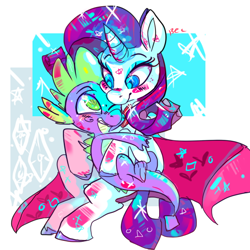 Size: 600x600 | Tagged: safe, artist:clockworkquartet, rarity, spike, dragon, pony, unicorn, abstract background, blushing, female, male, mare, shipping, sitting on lap, sparity, straight