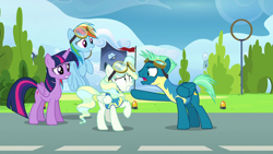 Size: 1920x1080 | Tagged: safe, derpibooru import, screencap, rainbow dash, sky stinger, twilight sparkle, twilight sparkle (alicorn), vapor trail, alicorn, pegasus, pony, top bolt, clothes, flying, goggles, hoop, pointing, runway, uniform, wonderbolt trainee uniform, worried