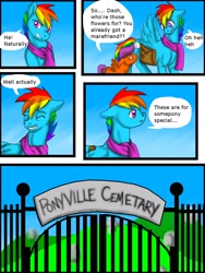 Size: 1200x1600 | Tagged: safe, artist:tristanjsolarez, rainbow dash, scootaloo, pegasus, pony, comic:trans ponies, clothes, comic, duo, female, filly, graveyard, male, misspelling, saddle bag, scarf, speech bubble, stallion, transgender