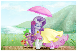 Size: 965x642 | Tagged: safe, artist:ruaniamh, rarity, spike, dragon, pony, unicorn, alternate hairstyle, clothes, dress, female, interspecies, male, mare, shipping, smiling, sparity, straight, umbrella, walking