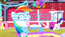 Size: 1920x1080 | Tagged: safe, edit, edited screencap, screencap, rainbow dash, pegasus, pony, mmmystery on the friendship express, party of one, cake, eating, grammar error, happy, headcanon, obsession, open mouth, rainbow cake dash, text