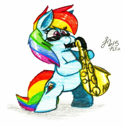 Size: 835x843 | Tagged: safe, artist:jusu-tengu, derpibooru import, rainbow dash, pegasus, pony, bipedal, female, mare, musical instrument, saxophone, signature, simple background, solo, sunglasses, white background