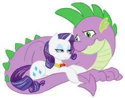 Size: 1000x778 | Tagged: safe, artist:bux, rarity, spike, dragon, pony, unicorn, female, fire ruby, good end, interspecies, male, mare, older, prone, shipping, simple background, smiling, sparity, straight, transparent background