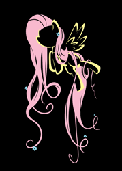 Size: 903x1264 | Tagged: safe, artist:bamboodog, fluttershy, pegasus, pony, black background, cutie mark, female, flower, flower in hair, flying, hooves, iphone wallpaper, lineart, mare, minimalist, modern art, phone wallpaper, simple background, solo, spread wings, wallpaper, wings