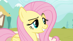 Size: 1600x900 | Tagged: safe, screencap, fluttershy, pegasus, pony, putting your hoof down, dreamworks face, female, mare, new fluttershy, raised eyebrow, satisfied, smug, solo, trollface