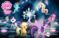 Size: 2000x1282 | Tagged: safe, derpibooru import, applejack, fluttershy, pinkie pie, rainbow dash, rarity, spike, twilight sparkle, twilight sparkle (alicorn), alicorn, dragon, earth pony, pegasus, pony, unicorn, princess twilight sparkle (episode), season 4, cave, female, glowing flower, mane seven, mane six, mare, official, tree of harmony