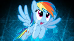 Size: 1191x670 | Tagged: safe, artist:laszlvfx, artist:stabzor, derpibooru import, edit, rainbow dash, pegasus, pony, cute, dashabetes, flying, open mouth, smiling, solo, vector, wallpaper, wallpaper edit