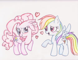 Size: 900x694 | Tagged: safe, artist:miss-glitz, derpibooru import, pinkie pie, rainbow dash, earth pony, pegasus, pony, blushing, female, heart, lesbian, pinkiedash, shipping, traditional art