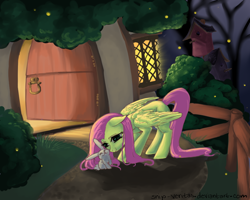 Size: 1000x800 | Tagged: safe, artist:snip-veritas, fluttershy, pegasus, pony, rabbit, door, female, floppy ears, fluttershy's cottage, mare, night, nuzzling