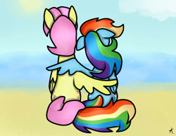 Size: 1800x1400 | Tagged: safe, artist:kikirdcz, butterscotch, fluttershy, rainbow dash, pegasus, pony, beach, butterdash, female, half r63 shipping, hug, male, rule 63, shipping, straight, winghug