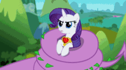 Size: 360x202 | Tagged: safe, screencap, rarity, spike, dragon, pony, unicorn, secret of my excess, animated, coils, female, fire ruby, frown, gif, glare, holding a pony, male, mare, spikezilla, talking, wide eyes