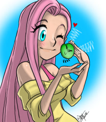 Size: 722x835 | Tagged: safe, artist:aeolus06, fluttershy, human, parasprite, bare shoulders, female, gradient background, heart, humanized, nuzzling, one eye closed