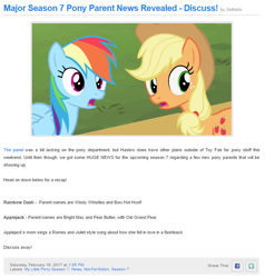 Size: 671x705 | Tagged: safe, derpibooru import, screencap, applejack, bow hothoof, bright mac, pear butter, rainbow dash, windy whistles, earth pony, pegasus, pony, parental glideance, the perfect pear, spoiler:s07, applejack's parents, duo, equestria daily, female, freckles, frown, hat, looking at you, mare, old grand pear, op is a slowpoke, open mouth, romeo and juliet, song, text