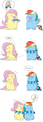 Size: 1364x3857 | Tagged: safe, artist:iroenpitu_nico, artist:raityusenpai280, artist:いろえんぴつ, derpibooru import, fluttershy, rainbow dash, pegasus, pony, 4koma, blushing, chubbie, clothes, cold, comic, cute, gift giving, happy, knitting, pixiv, present, scarf, shared clothing, shared scarf, sharing, sneezing