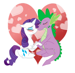 Size: 900x876 | Tagged: safe, artist:peachescw, rarity, spike, dragon, pony, unicorn, abstract background, blushing, female, floppy ears, heart, interspecies, male, mare, shipping, sitting, sparity, spikelove, straight, watermark