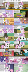 Size: 1282x3304 | Tagged: safe, edit, edited screencap, screencap, apple bloom, rarity, scootaloo, sweetie belle, cockatrice, earth pony, pegasus, pony, unicorn, comic:celestia's servant interview, caption, comic, cutie mark crusaders, female, filly, foal, interview, mare, screencap comic, tree sap