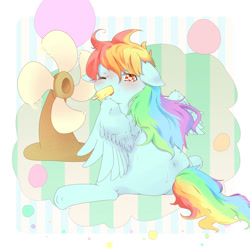 Size: 1000x1000 | Tagged: safe, artist:pukapukapu, rainbow dash, pegasus, pony, cute, dashabetes, eating, fan, female, heat, hot, ice cream, looking at you, looking back, mare, messy mane, one eye closed, open mouth, popsicle, sitting, solo, spread legs, spread wings, sweat, tired, windswept mane