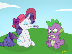 Size: 890x672 | Tagged: safe, artist:yellowbooze, rarity, spike, dragon, pony, unicorn, female, hat, male, mare, shipping, sitting, sparity, straight, tea