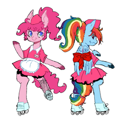 Size: 709x706 | Tagged: safe, artist:techtechno, derpibooru import, pinkie pie, rainbow dash, earth pony, pegasus, pony, alternate hairstyle, bipedal, carhop, clothes, hilarious in hindsight, ribbon, roller skates, waitress, working