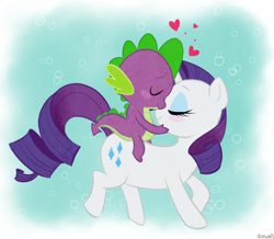 Size: 762x665 | Tagged: safe, artist:sugarkills, rarity, spike, dragon, pony, unicorn, abstract background, blushing, dragons riding ponies, eyes closed, female, heart, interspecies, love, male, mare, riding, shipping, smiling, sparity, spikelove, straight
