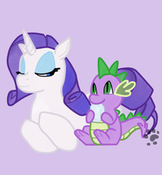 Size: 1026x1104 | Tagged: safe, artist:lionsilverwolf, rarity, spike, dragon, pony, unicorn, female, gem, lidded eyes, male, mare, prone, shipping, simple background, smiling, sparity, straight