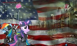 Size: 2292x1386 | Tagged: safe, artist:trungtranhaitrung, derpibooru import, rainbow dash, twilight sparkle, pegasus, pony, crossover, flag waving, metal gear, metal gear solid, metal gear solid 5, naked snake, raiden, raiden dash, skull face, solid sparkle, twilight snakle, united states