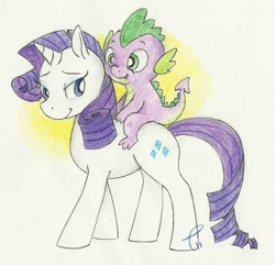 Size: 1293x1244 | Tagged: safe, artist:pitafish, rarity, spike, dragon, pony, unicorn, dragons riding ponies, female, male, mare, riding, shipping, simple background, smiling, sparity, straight, traditional art, white background