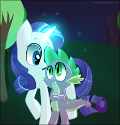 Size: 732x759 | Tagged: safe, artist:mynewpicture02, rarity, spike, dragon, pony, unicorn, cute, female, glowing horn, magic, male, mare, night, shipping, smiling, sparity, straight, walking