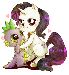 Size: 724x789 | Tagged: safe, artist:pasuteru-usagi, rarity, spike, dragon, pony, unicorn, blushing, cute, female, fire ruby, gem, heart, looking at you, male, mare, ruby, shipping, sitting, smiling, sparity, straight, unshorn fetlocks