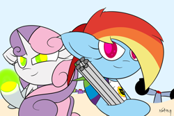 Size: 1024x683 | Tagged: safe, artist:xodiaq, rainbow dash, sweetie belle, sweetie bot, pegasus, pony, robot, robot pony, unicorn, female, filly, foal, hooves, horn, mare, smiling