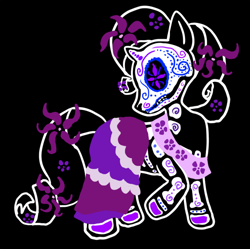 Size: 700x698 | Tagged: safe, artist:violetmagician, rarity, pony, unicorn, black background, clothes, dia de los muertos, female, looking back, mare, simple background, solo